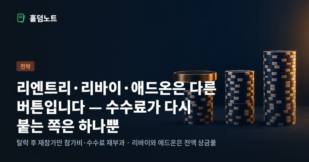포커 칩 스택 세 개와 그 위에 놓이려는 칩 트레이 — 리엔트리·리바이·애드온의 차이를 나타낸 홀덤노트 이미지