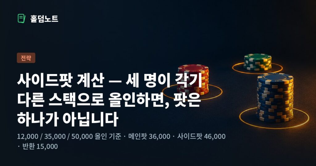 서로 다른 높이의 칩 더미 세 개가 각각 앰버색 원으로 구분되어 있는 이미지 — 메인팟과 사이드팟이 층으로 나뉘는 구조