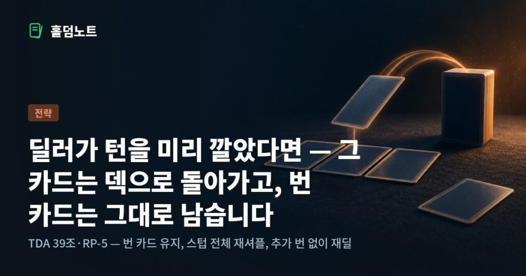 미리 깔린 보드 카드 한 장이 덱 스텁으로 되돌아가고, 번 카드는 펠트 위에 그대로 남아 있는 이미지